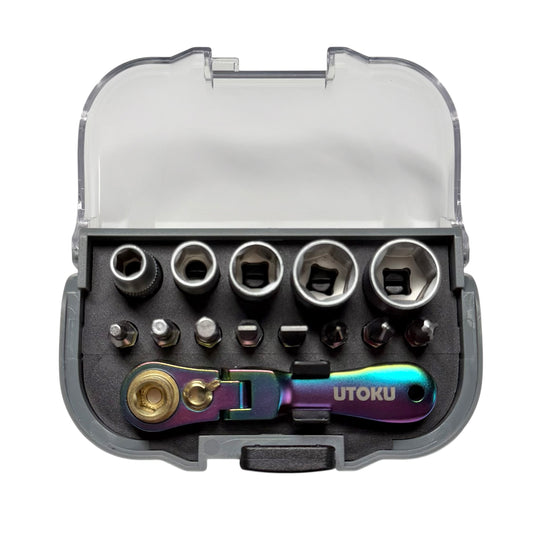 Utoku 14 Piece Mini Ratchet Socket and Bit Set Titanium Rainbow UT-NRGM-Ti